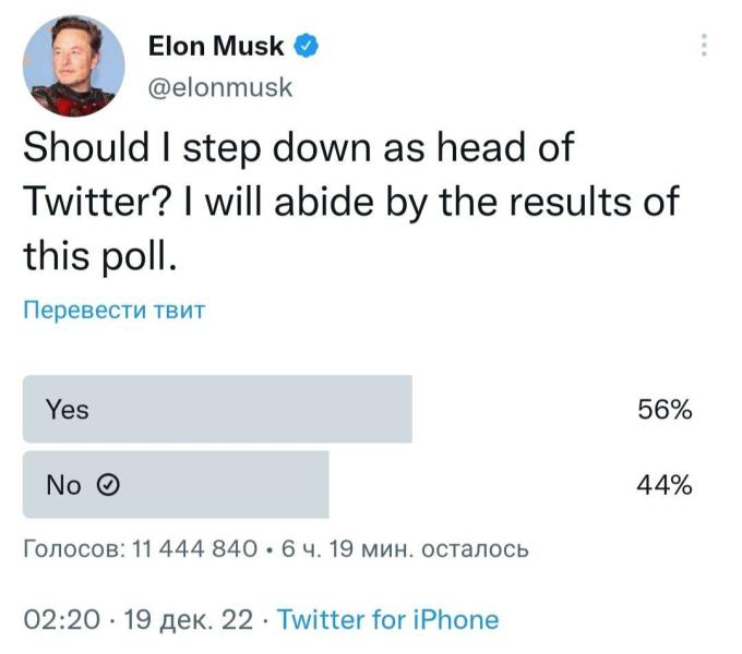 Илон Маск организовал голосование за себя в Твиттере