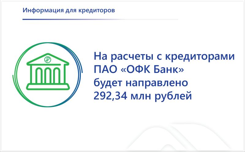 На расчеты с кредиторами «ОФК Банк» (ПАО) будет направлено более 292 млн рублей