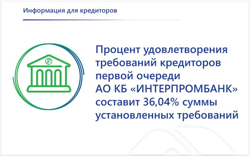На расчеты с кредиторами АО КБ «ИНТЕРПРОМБАНК» будет направлено более 606 млн рублей